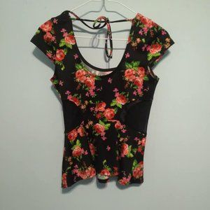 Flirty Floral Peplum Top with Mesh Panels (Small)
